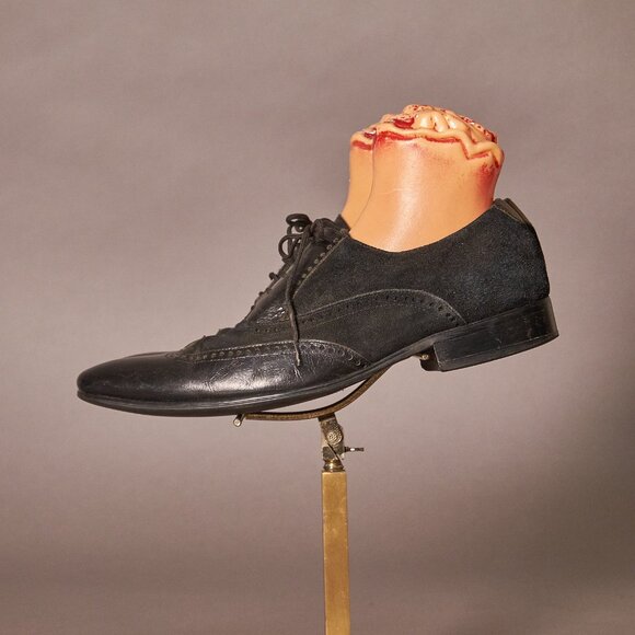 1990s Dune Wingtip Black Suede and Patent Leather Shoes main image 6